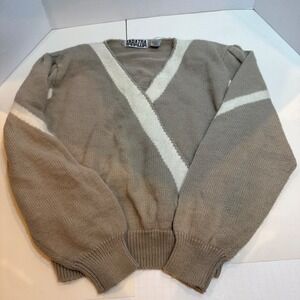 Vtg Angora Lambs Wool Blend TARAZZIA Taupe White Geometric V Neck Sweater Large